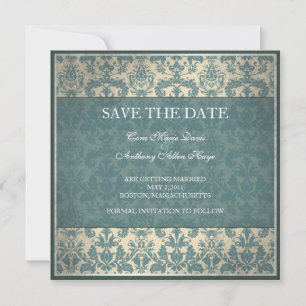 Vintage blue damask save the date card