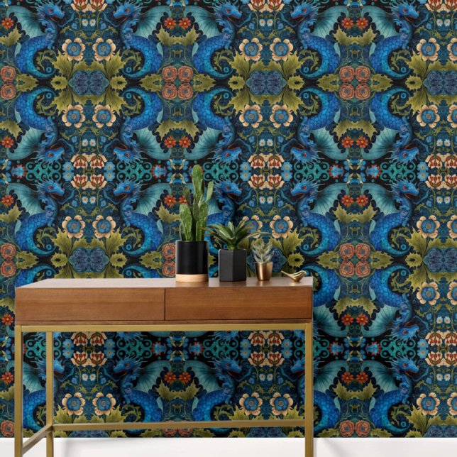 Vintage Blue Dragon Botanical Pattern Removable Wallpaper (Creator Uploaded)