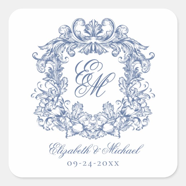 Vintage Blue Elegant Wedding Monogram Crest Square Sticker (Front)
