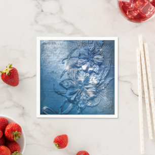 Vintage Blue Embossed Floral Motif Pattern Glitter Napkin