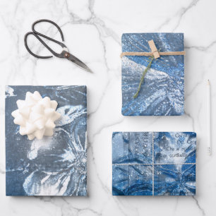 Vintage Blue Embossed Floral Motif Pattern Glitter Wrapping Paper Sheet