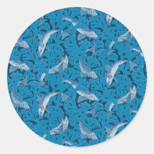 Vintage Blue Fish & Seaweed: Art Nouveau Nautical  Classic Round Sticker
