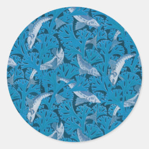 Vintage Blue Fish & Seaweed: Art Nouveau Nautical  Classic Round Sticker
