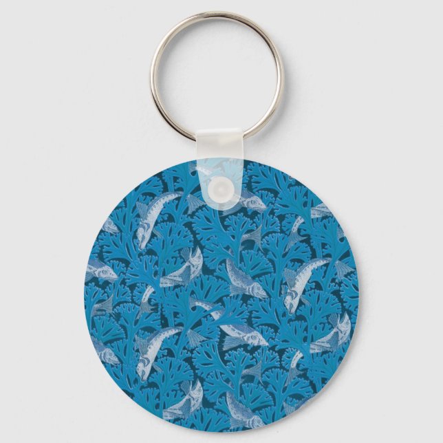 Vintage Blue Fish & Seaweed: Art Nouveau Nautical  Keychain (Front)