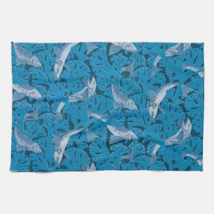 Vintage Blue Fish & Seaweed: Art Nouveau Nautical  Kitchen Towel