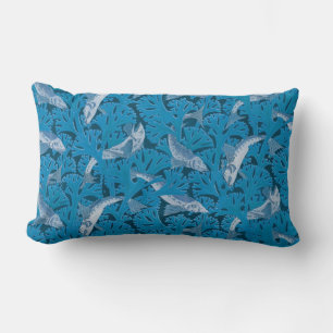 Vintage Blue Fish & Seaweed: Art Nouveau Nautical  Lumbar Pillow