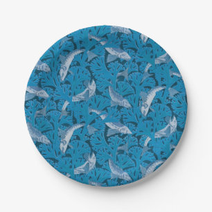 Vintage Blue Fish & Seaweed: Art Nouveau Nautical Paper Plate