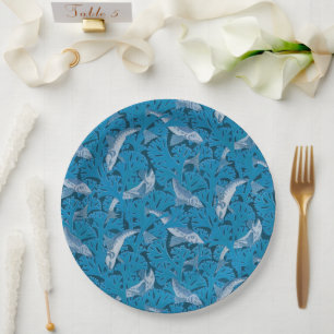 Vintage Blue Fish & Seaweed: Art Nouveau Nautical  Paper Plate