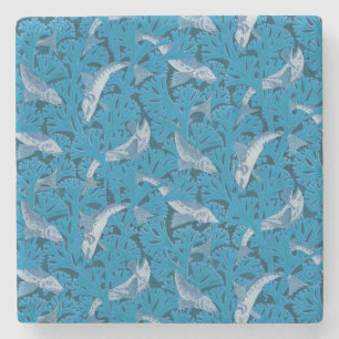 Vintage Blue Fish & Seaweed: Art Nouveau Nautical Stone Coaster