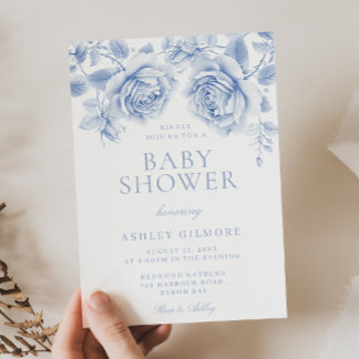 Vintage Blue Floral Boy or Girl Baby Shower Invitation