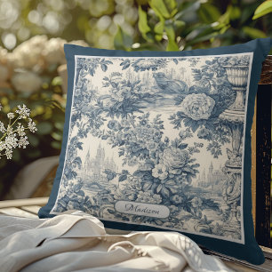Vintage Blue Floral Chic Toile de Jouy Monogram Throw Pillow
