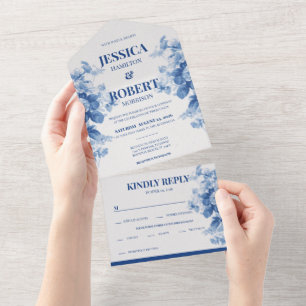 Vintage Blue Floral Chinoiserie Inspired Wedding All In One Invitation