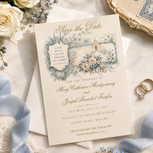 Vintage blue floral church scripture wedding save the date
