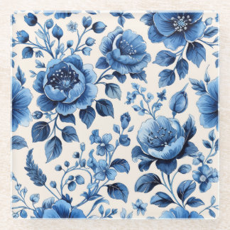 Vintage Blue Floral Elegance Glass Coaster