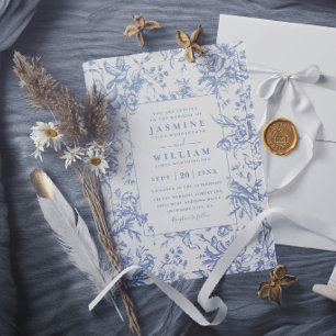 Vintage Blue Floral Elegant Modern Chic Wedding Invitation
