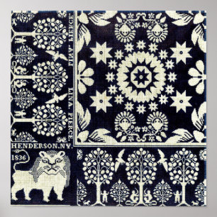 vintage blue floral flowers fabric textile art poster