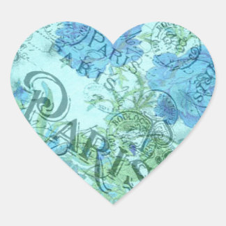 Vintage Blue Floral French Paris Postmark Pattern Heart Sticker