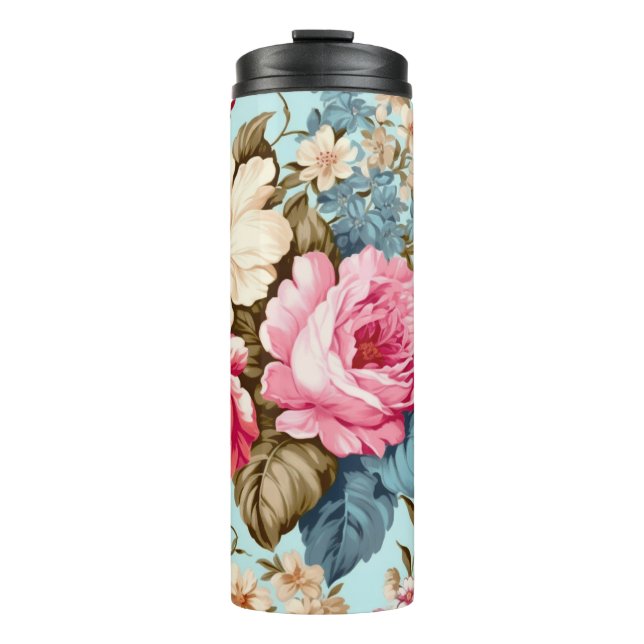 Vintage Blue Floral Garden Pattern Thermal Tumbler (Front)