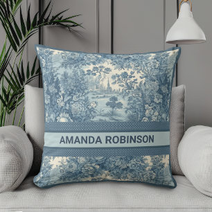 Vintage Blue Floral Lake Toile Monogram Throw Pillow