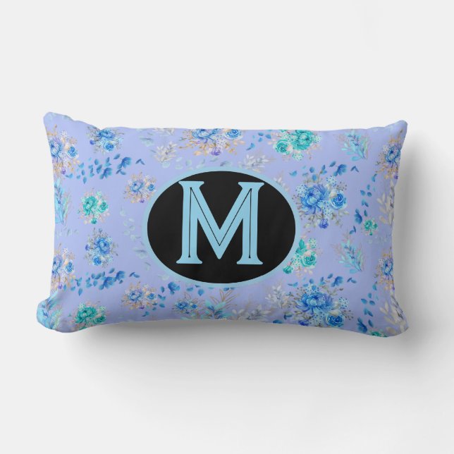 Vintage Blue Floral Monogram Lumbar Pillow (Front)