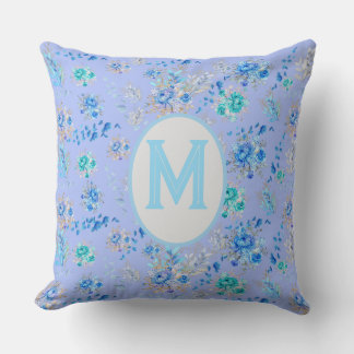 Vintage Blue Floral Monogram Throw Pillow