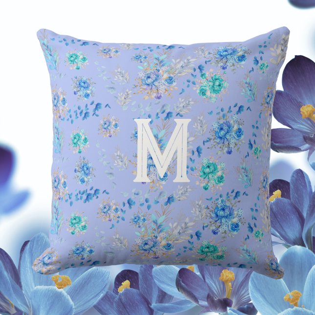 Vintage Blue Floral Monogram Throw Pillow (Creator Uploaded)