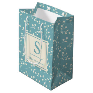 Vintage Blue Floral Pattern Monogram and Name Medium Gift Bag