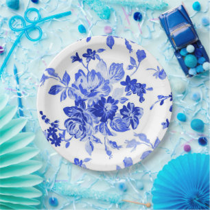Vintage Blue Floral Pattern Paper Plate