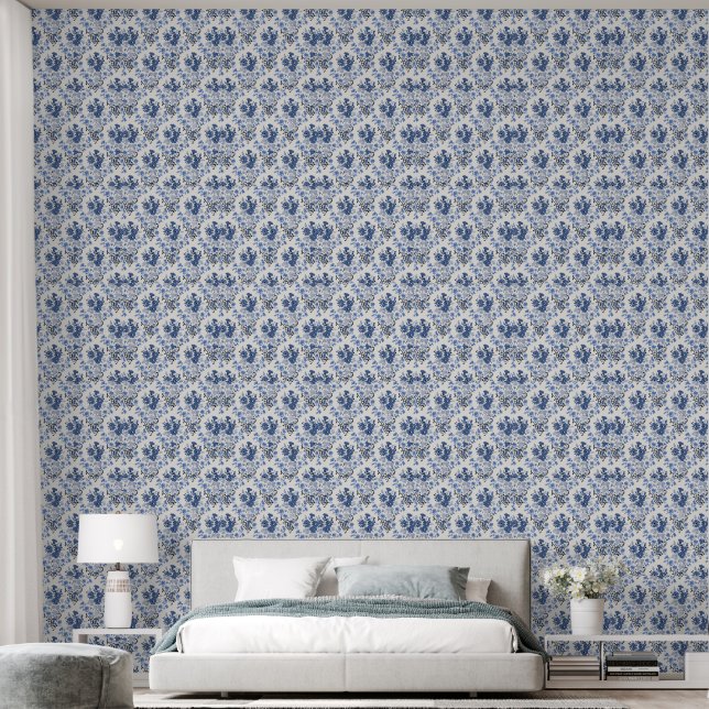 Vintage Blue Floral Pattern Wallpaper Elegant Home (Bedroom)