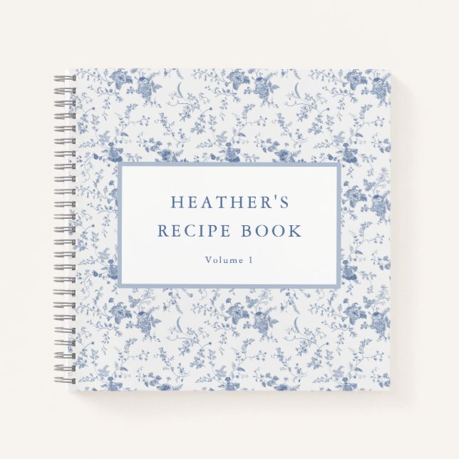 Vintage Blue Floral Personalized Recipe Notebook (Front)