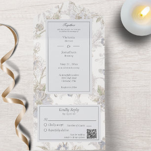 Vintage Blue Floral QR Code All In One Invitation