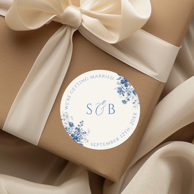 Vintage Blue Floral Round Wedding Sticker Initials (Creator Uploaded)