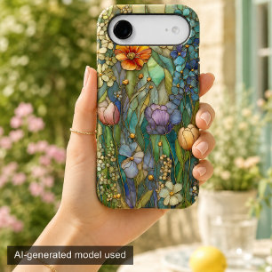 Vintage Blue Floral Stained Glass Garden
