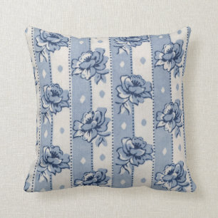 Vintage Blue Floral Stripe Throw Pillow 16" x 16"