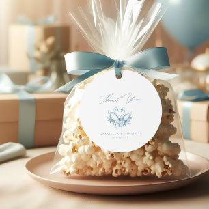 Vintage Blue Floral Swans Script Round Wedding Favour Tags