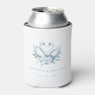 Vintage Blue Floral Swans Wedding Can Cooler