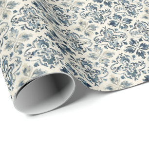 Vintage Blue Floral Tile Wrapping Paper, Cottage Paper