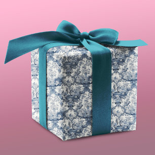 Vintage Blue Floral Toile de Jouy Damask Wrapping Paper