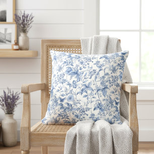 Vintage Blue Floral Toile Elegant Throw Pillow
