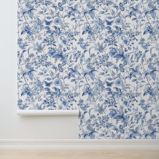 Vintage Blue Floral Toile Elegant Wallpaper (Application)