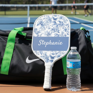 Vintage Blue Floral Toile Monogram Pickleball Paddle