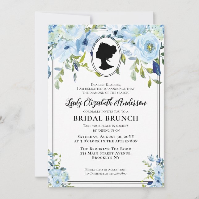 Vintage Blue Florals Regency Bridal Brunch Invitation (Front)