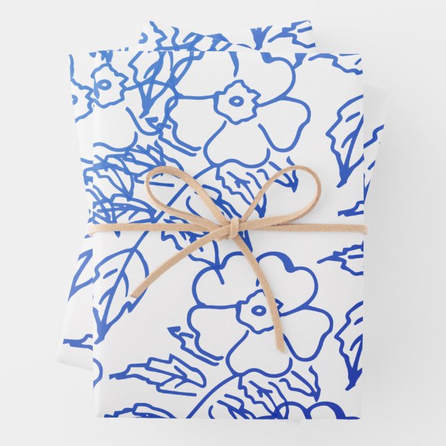 Vintage blue flower pattern on white wrapping paper sheet (In situ)