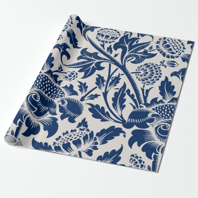 Vintage Blue Flower Pattern Wrapping Paper (Unrolled)