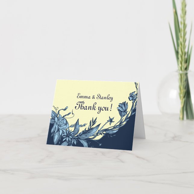 Vintage blue flowers pale yellow Thank You card (Front)