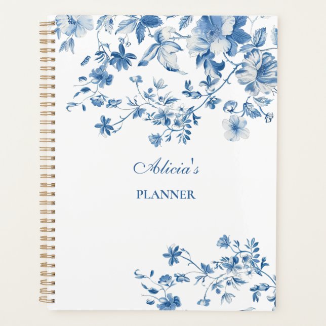 Vintage Blue Flowers Toile de Jouy Planner (Front)