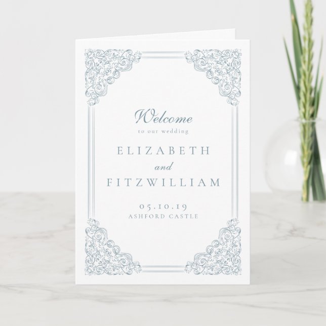Vintage Blue Frame Elegant Script Folded Wedding  Program (Front)