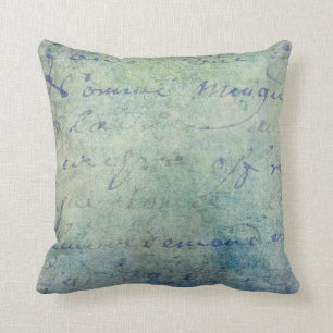 Vintage Blue French Script Parchment Paper Throw Pillow