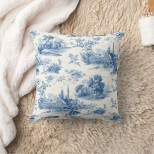 Vintage blue french toile Jouy Floral pattern Throw Pillow