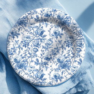 Vintage Blue French Toile Roses Floral Paper Plate